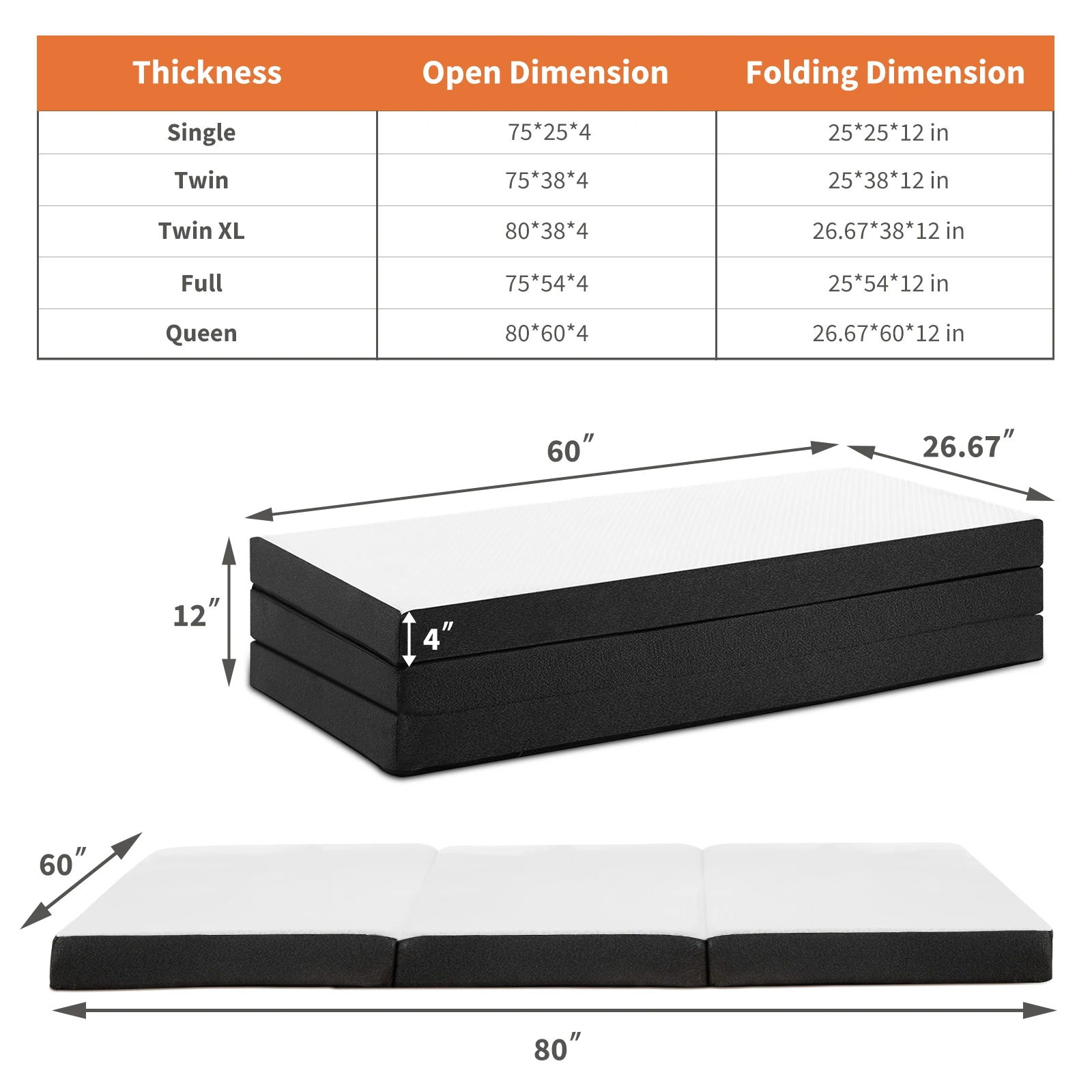 JHK Tri-Fold Memory Foam Mattress with Collapsible and Washable Cover Portable Floor Bed with CertiPUR-US Certified for Travel image 6