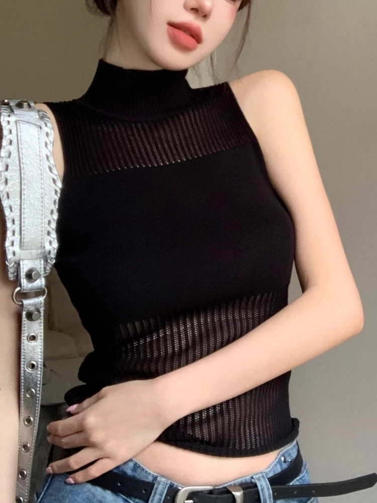 

2025 Women Black High Neck Sleeveless Vest Autumn Slim Fit Fashion Short Tops