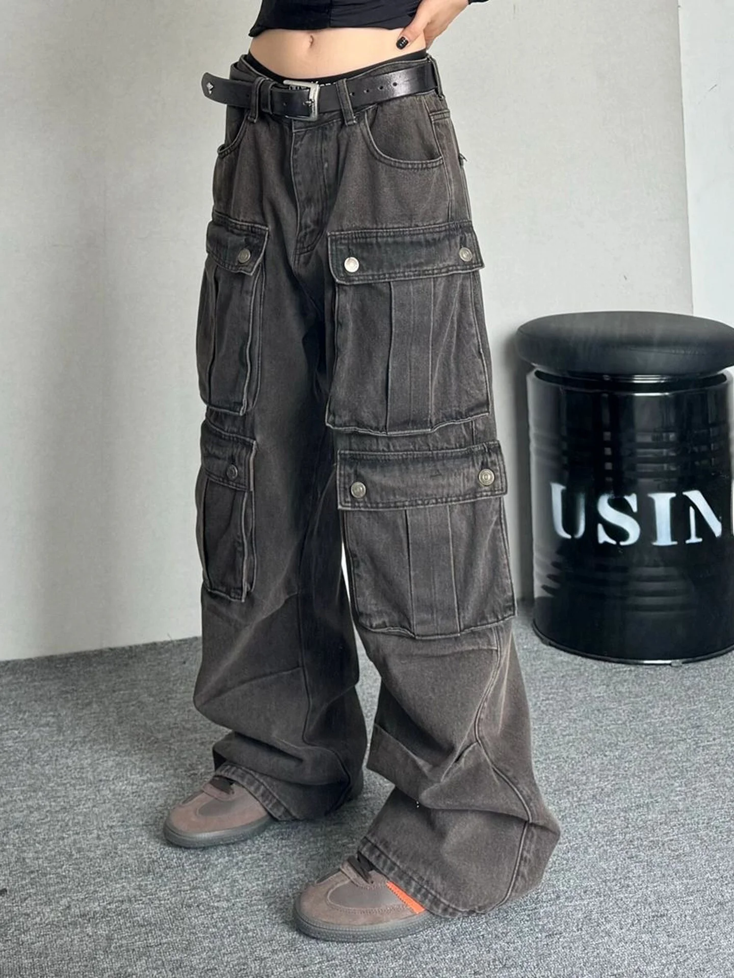 

American High Street Multi-Pocket Workwear Denim Pants Women Summer New Straight Loose Casual Wide Leg Floor-Length Trousers