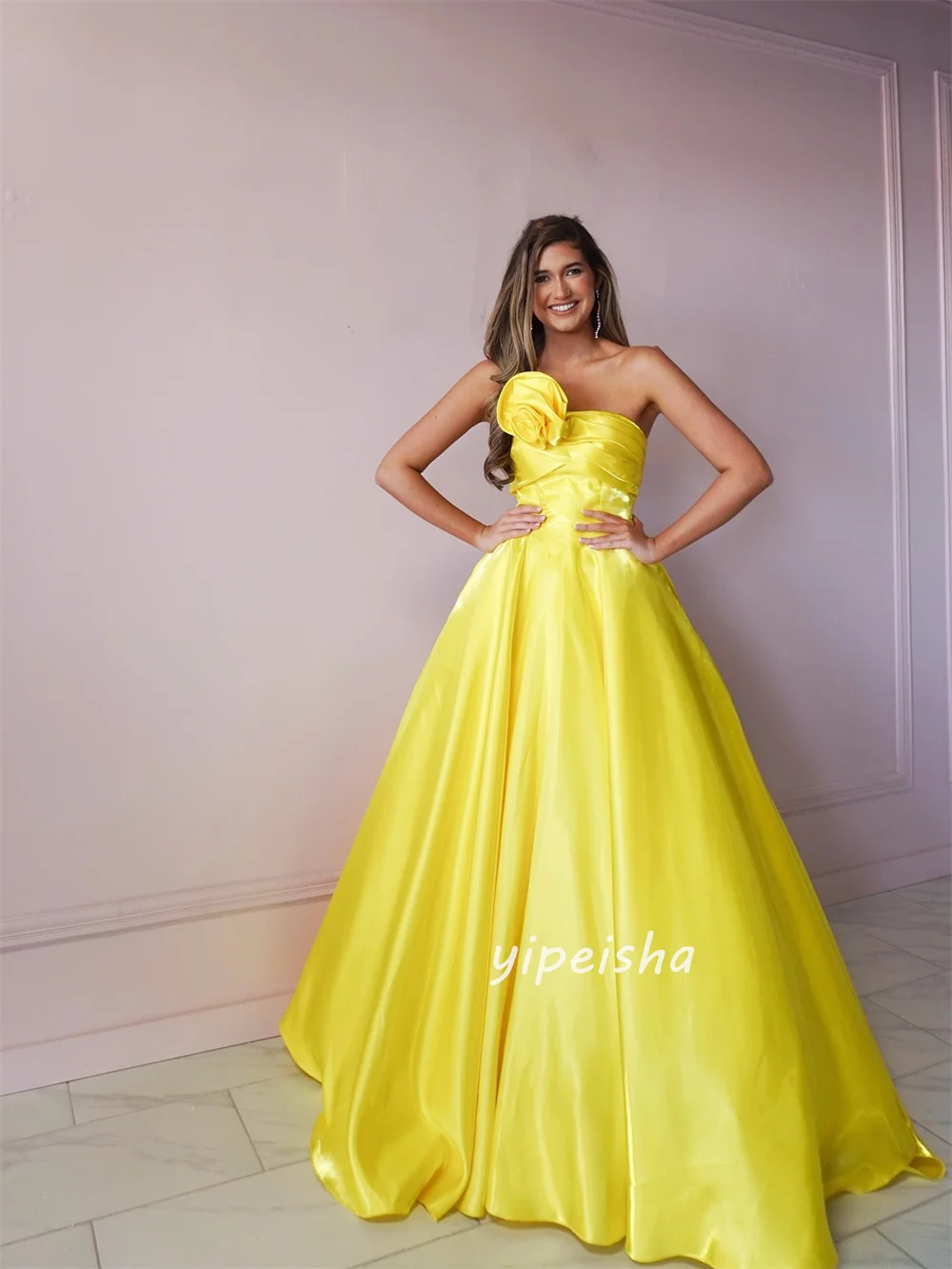 Customized Matching Sexy Handmade Flower Pleat Ruched A-line Strapless Long Dresses Evening Dresses Sizes Available High Quality