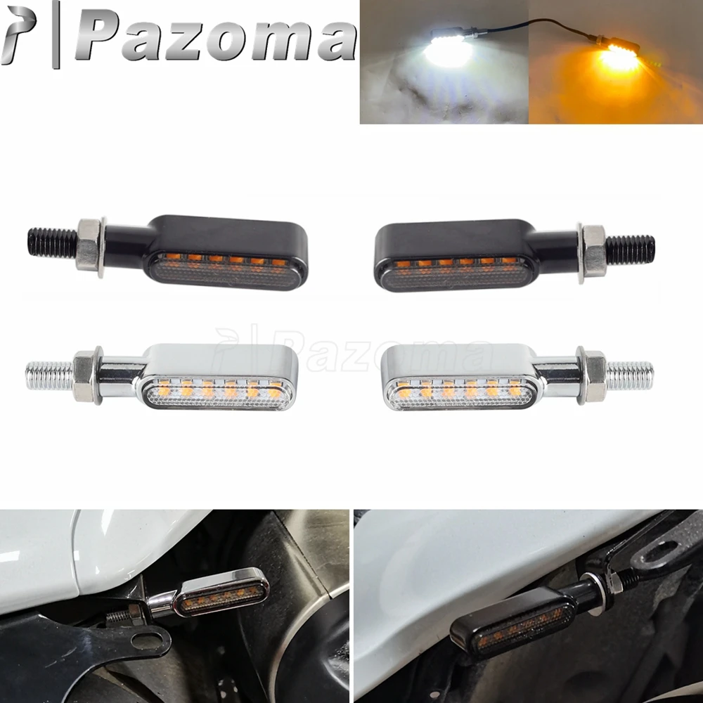 Unviersal 8mm Bolt Black/Chrome E24 E-mark 6 LED Amber Turn Signals Lights DRL White Running Motorcycle Blinker Indicator Lamp