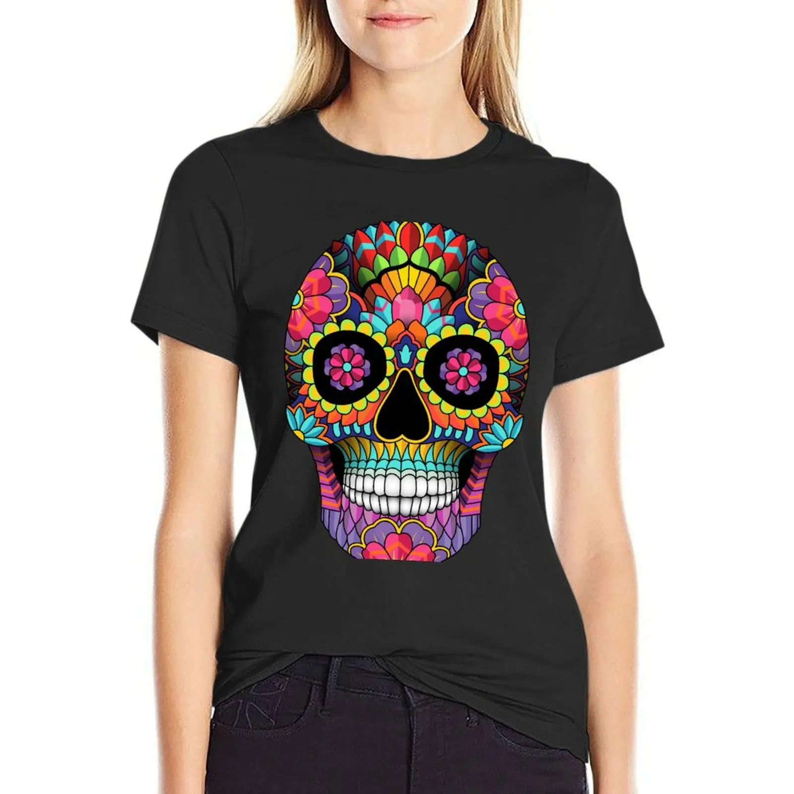 

sugar skull full colors T-Shirt quick drying summer clothes shirts graphic tees t-shirts for Women graphic tees funny