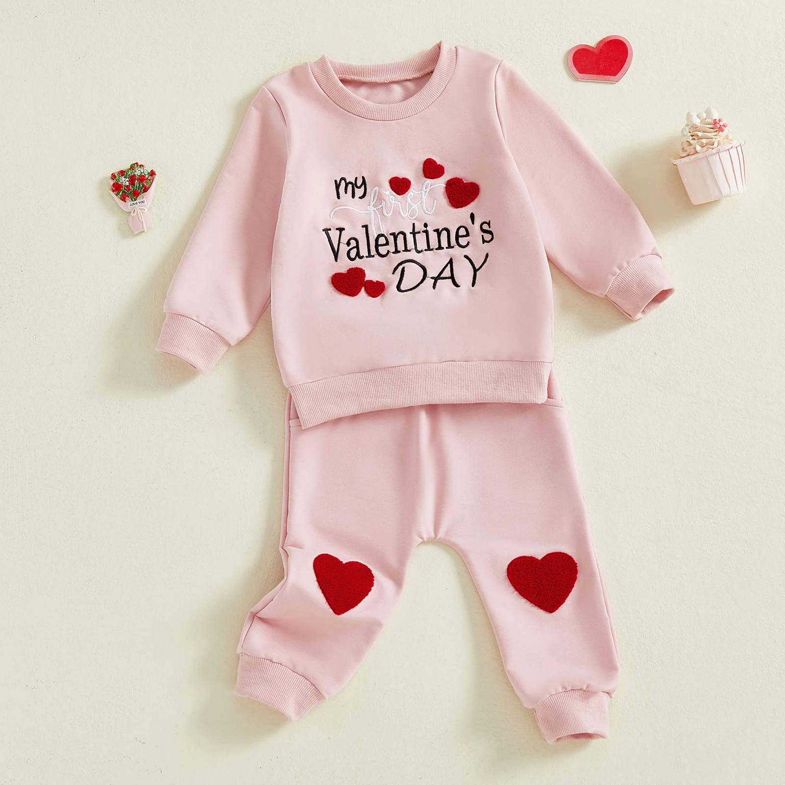 

Tregren 0-3Y Toddler Baby Girl Valentines Outfit Letter Love Heart Embroidered Crew Neck Long Sleeve Sweatshirt and Pants Sets