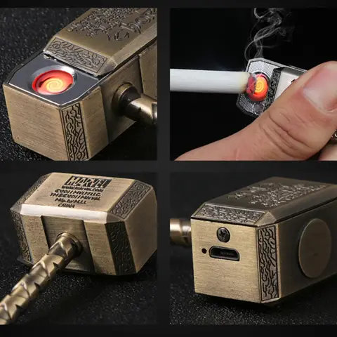 재미 있은 크리 에이 티브 Windproof USB 전기 충전식 라이터 토르 해머 아연 합금 Flameless 키 체인 라이터 남자 흡연 선물