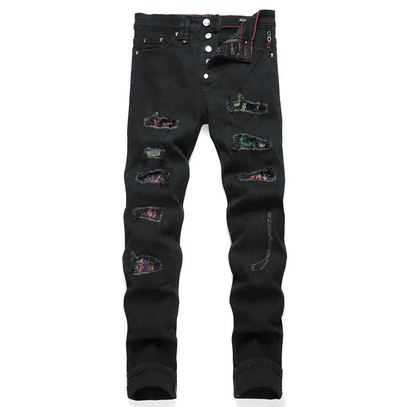 2024 New Punk Men Black Distressed Patch Jeans Streetwear Embroidery Holes Ripped Denim Pants Mens Hip Hop Slim Skinny Trousers