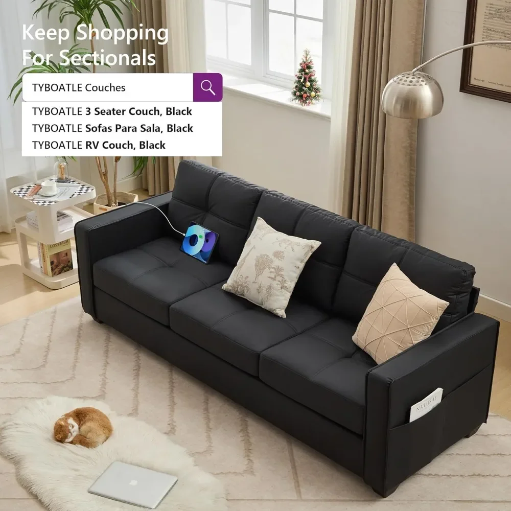 new Mid-Century Modern Faux Leather Couch with Side Pockets and USB Port, Wide and Comfortable Living Room Sofa