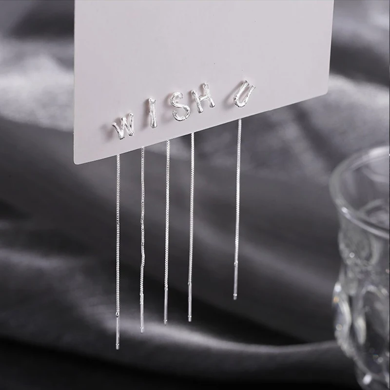 A Pair Tibetan Silver Earrings Fashion Simple Letter Long Tassel Line Ear Chain Earring Wild Personality Female Ear Jewelry