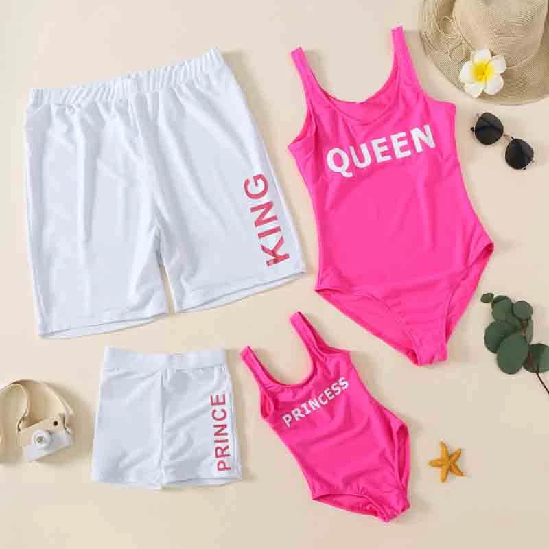 

2026 King Queen Family Matching Swimsuits One-Piece Mother Daughter Swimwear Mommy and Me Clothes Father Son Swimming Shorts