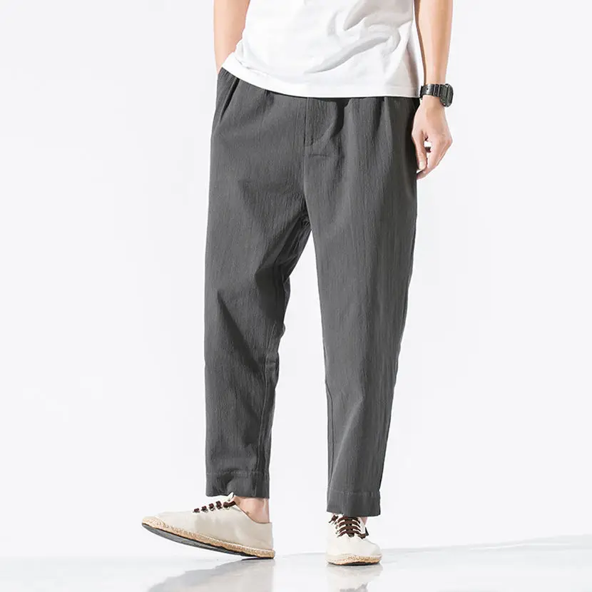 

Мужские брюки из хлопка и льна прямого кроя, укороченные, тонкие, дышащие, летние, повседневные, свободного кроя, с эластичным поясом, однотонные