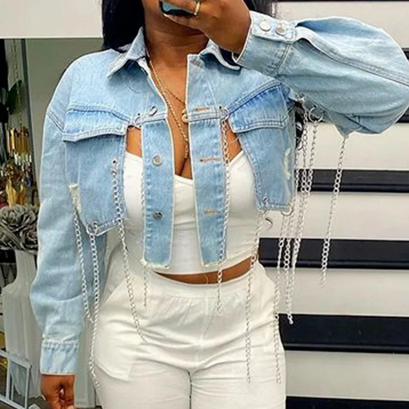 Women's Asymmetric Short Jacket Top Long Sleeve Halter Chain Jacket Summer 2023 Streetwear Light Blue Ripped Denim Jacket