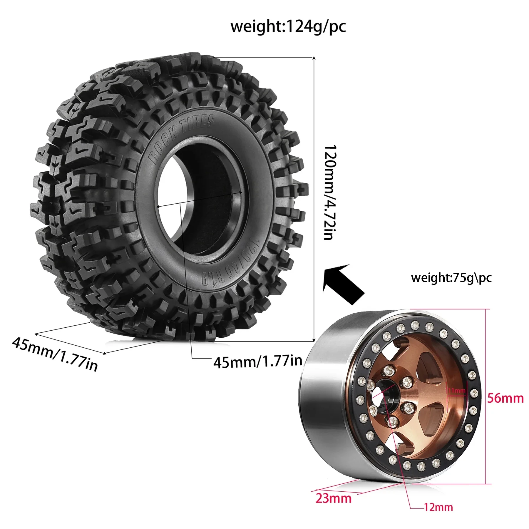 RC 4 Uds 120mm Metal 1,9 "Beadlock llanta juego de neumáticos para 1/10 coche trepador de control remoto Axial SCX10 Wraith RR10 Capra Traxxas TRX4 YK4082