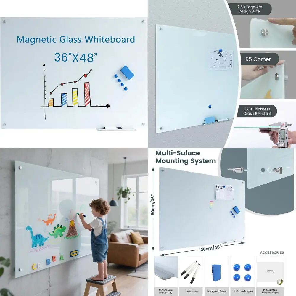 

Доска из магнитного стекла 48x36 дюймов, безрамная настенная доска для сухого стирания для офиса, школы и дома
