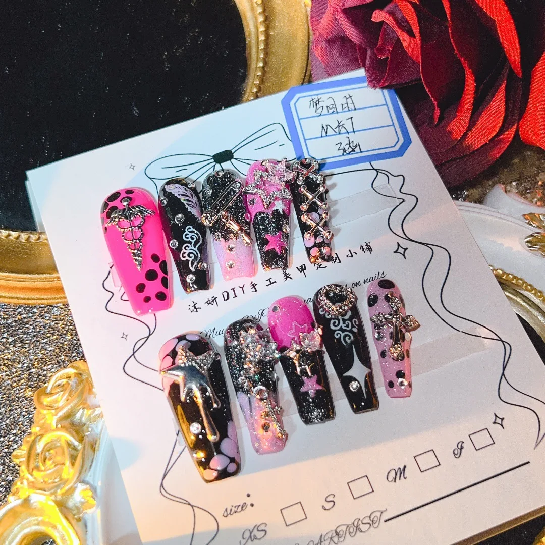 

Handmade Sweet Edgy Punk Nail Art Stickers, Black-Pink Style with Stars & Pins, Easy to Apply & Long-Lasting, Perfect for Partie