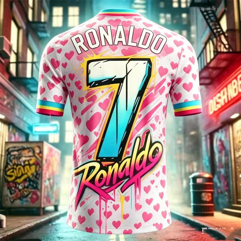 Summer Men Ronaldo 7 Portrait T-shirt Football Sportswear Short Sleeve Oversized Streetwear Tops Kids Clothes Boys