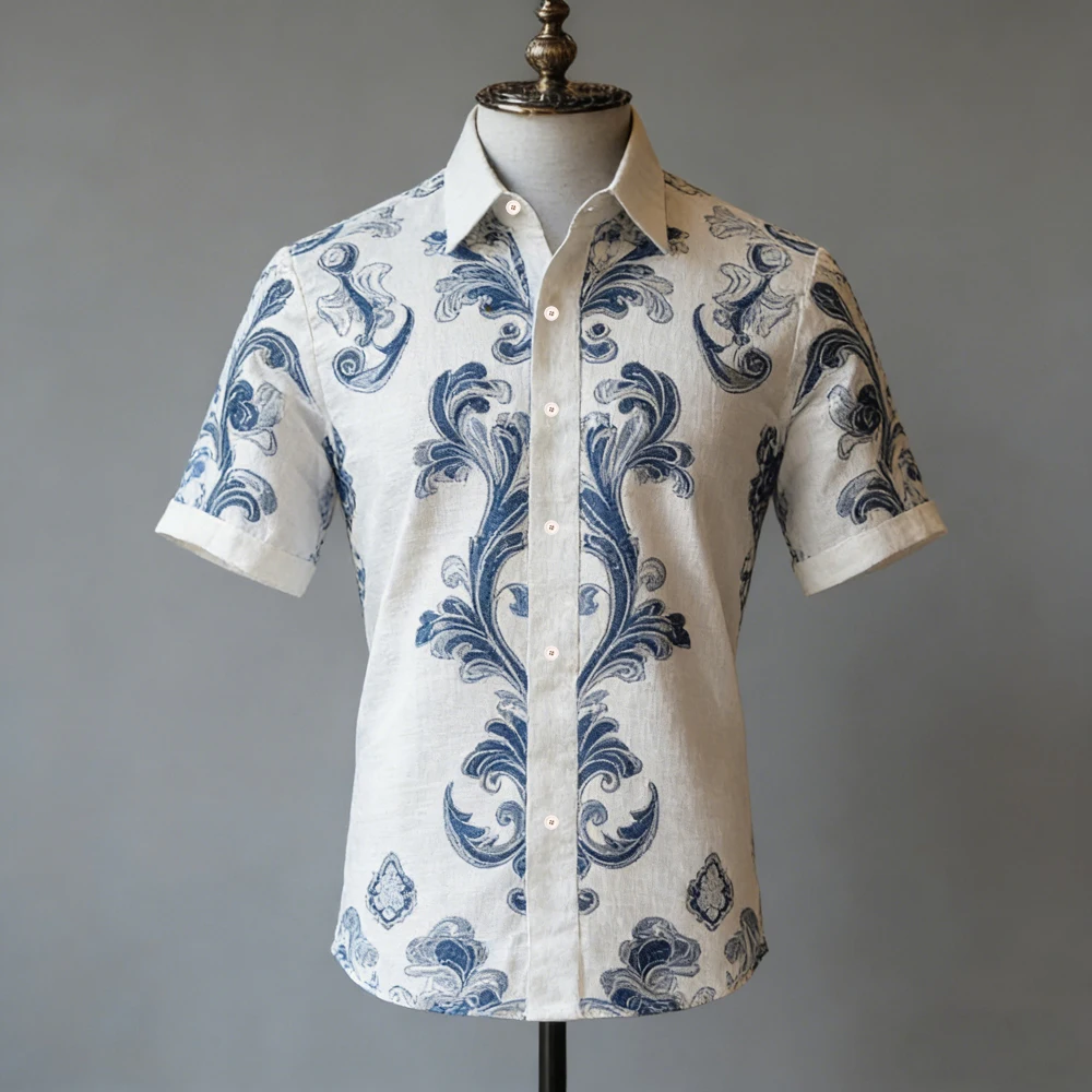 Men's new summer linen short-sleeved lapel shirt HD natural 3D printed shirt suitable for many occasions wearing clothes for men