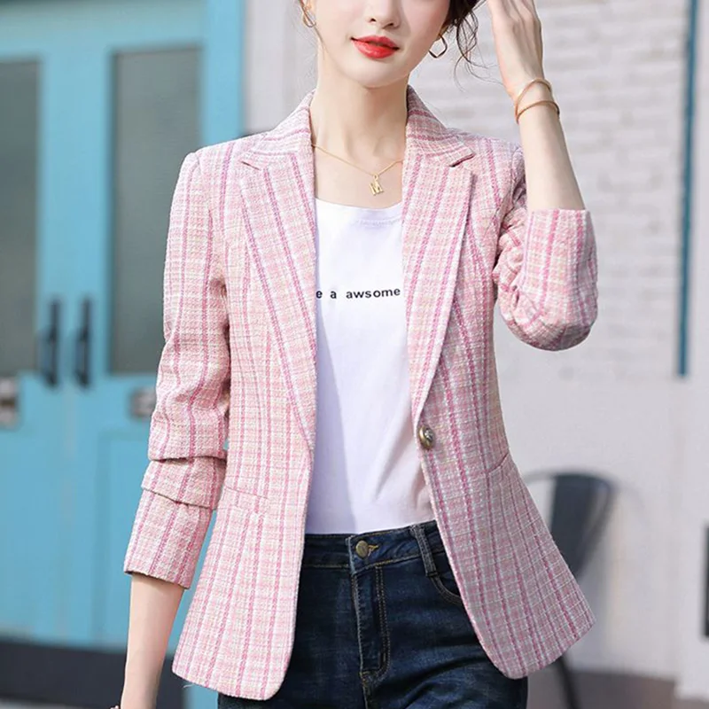 Fashion Loose Button Spliced Pockets Lattice Blazer Women\'s Clothing 2023 Autumn New Oversized Casual Tops Office Lady Blazers