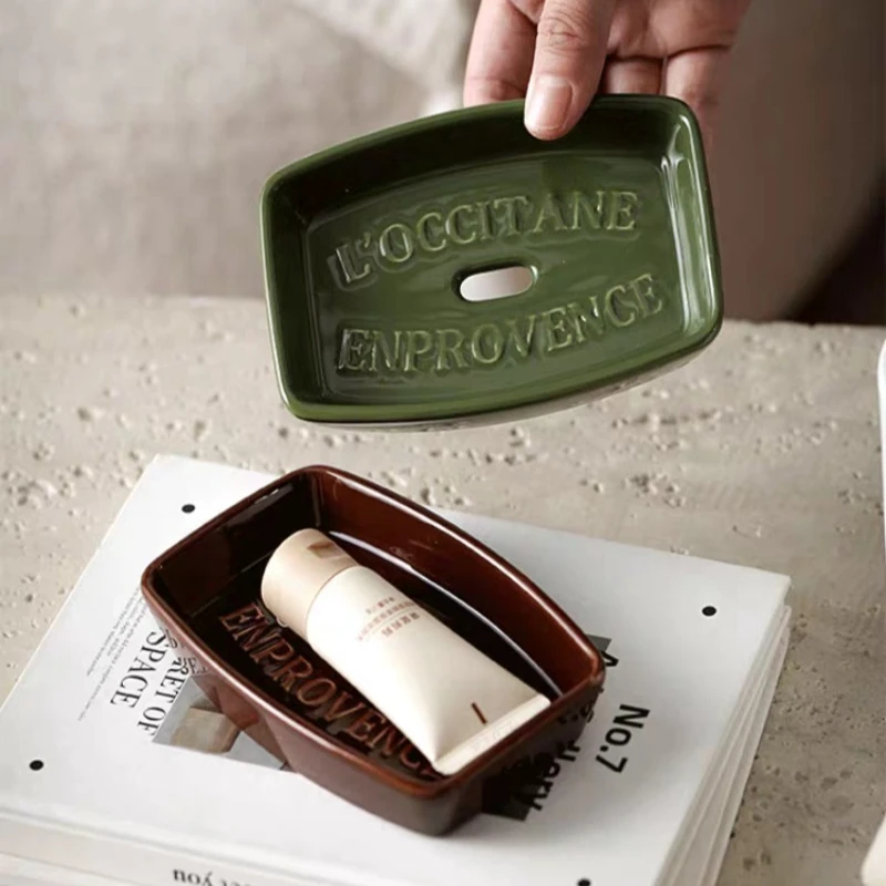 High-Gloss Ceramic Soap Dish with Drainage - Stylish Vanity Organizer for Bathroom, Multi-Use Trinket Tray