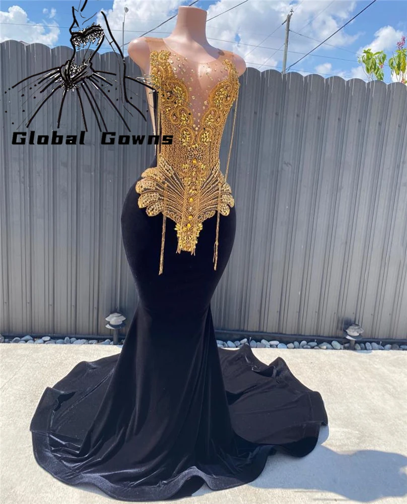 Vestido De graduación largo con cuello redondo transparente para niñas negras, vestidos De fiesta De cumpleaños con cuentas doradas, vestido De noche con borla, vestido De noche personalizado