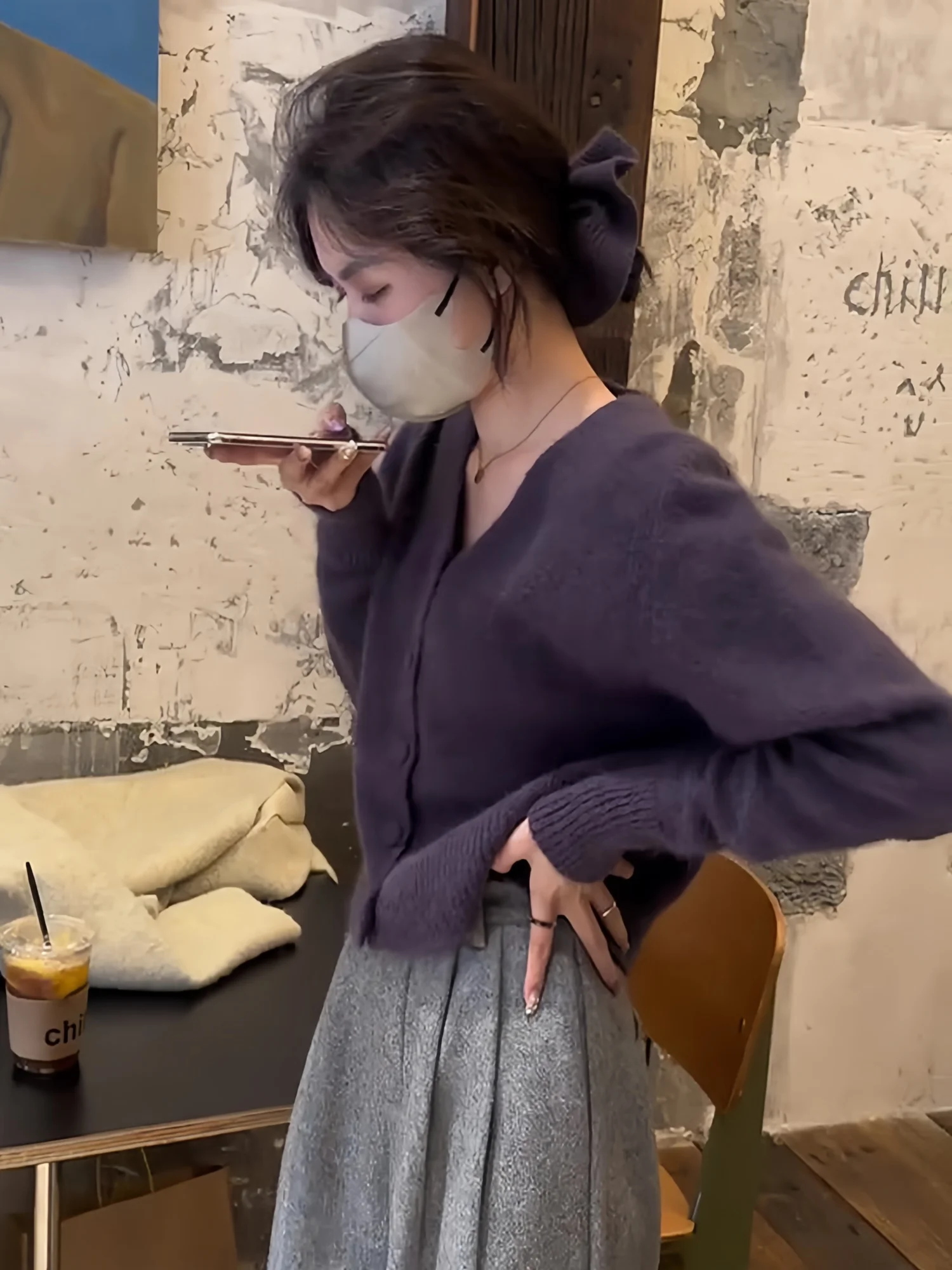 Ch � kY 소프트 브이넥 니트 오픈 가디건 여성용 봄 가을 퍼플 스웨터 독특하고 다재다능한 롱 스웨터 캐주얼 스타일