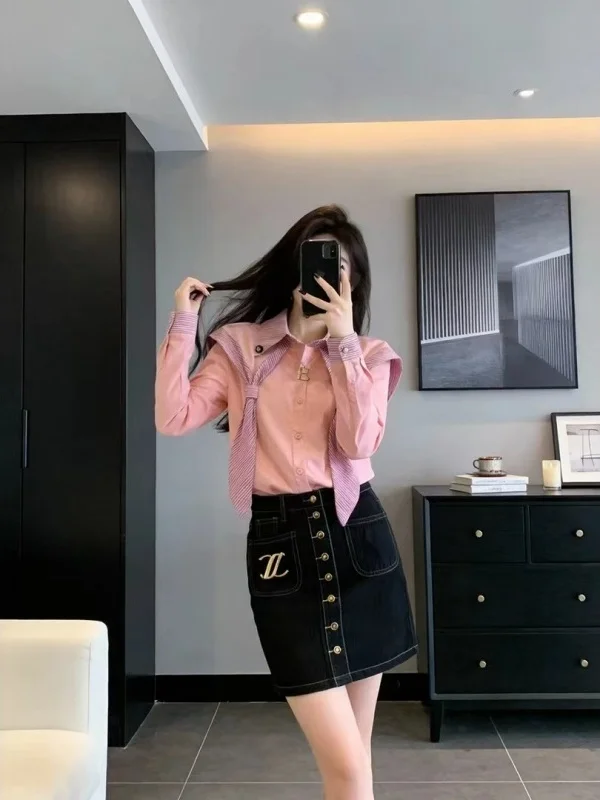 

Уникальный розовый полосатый топ в корейском стиле для весенней моды, элегантный повседневный свободный крой, премиум-качество