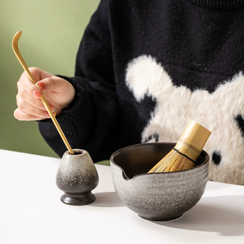 

2 Pieces Traditional Japanese Matcha Bowl and Whisk Holder Tea Bowl with Pouring Spout for Office Table Tea Ceremony Party Gift