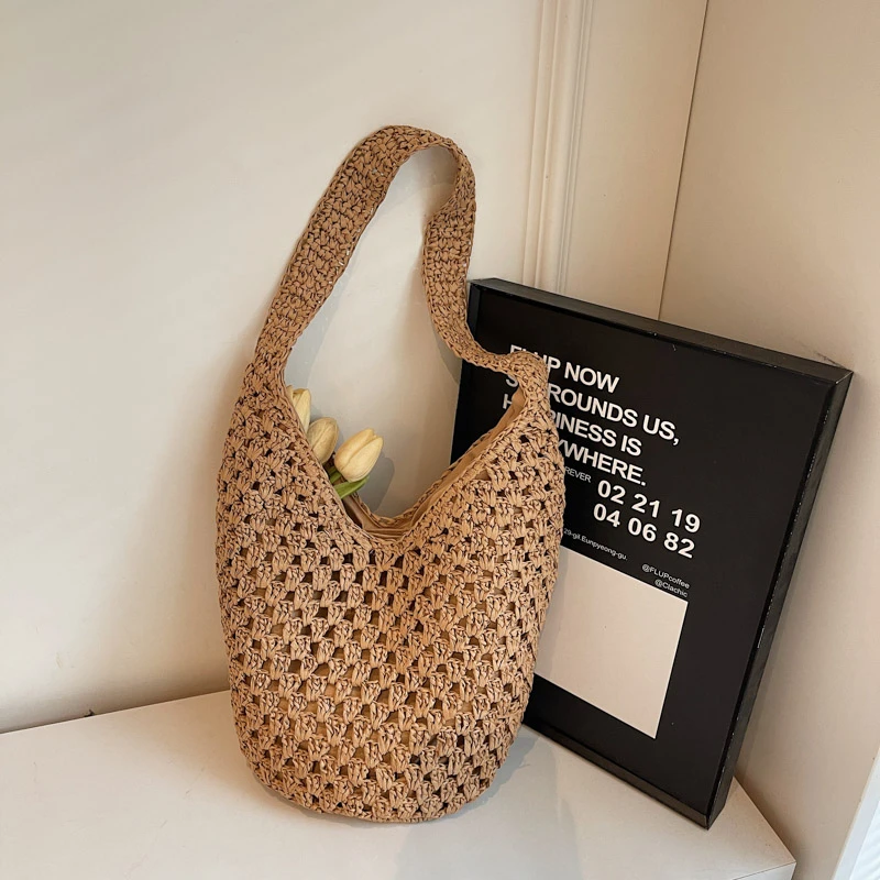

Летние повседневные однотонные соломенные тканые сумки на плечо, большие вместительные простые универсальные сумки-тоут для женщин, новинка 2023 года