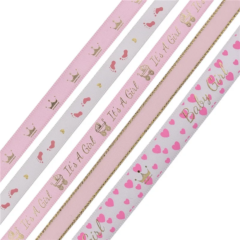 1/1.5cm Satin ribbon Pink baby Girl ribbons cute Tiara it\'s a Girl Metal gold print baby shower first birthday DIY Party favor