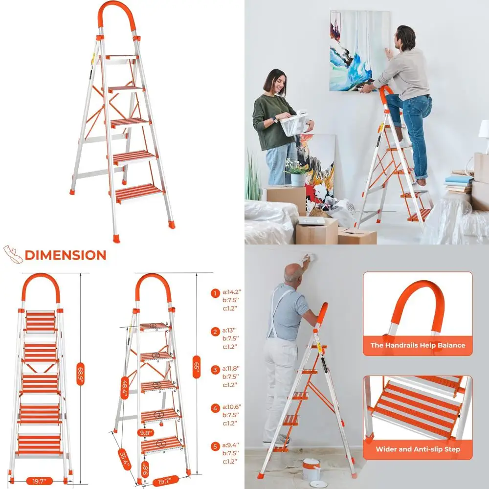 

5-Step Folding Aluminum Step Ladder with Anti-Slip Pedals - Lightweight, Convenient, and Durable Stool for Home Use