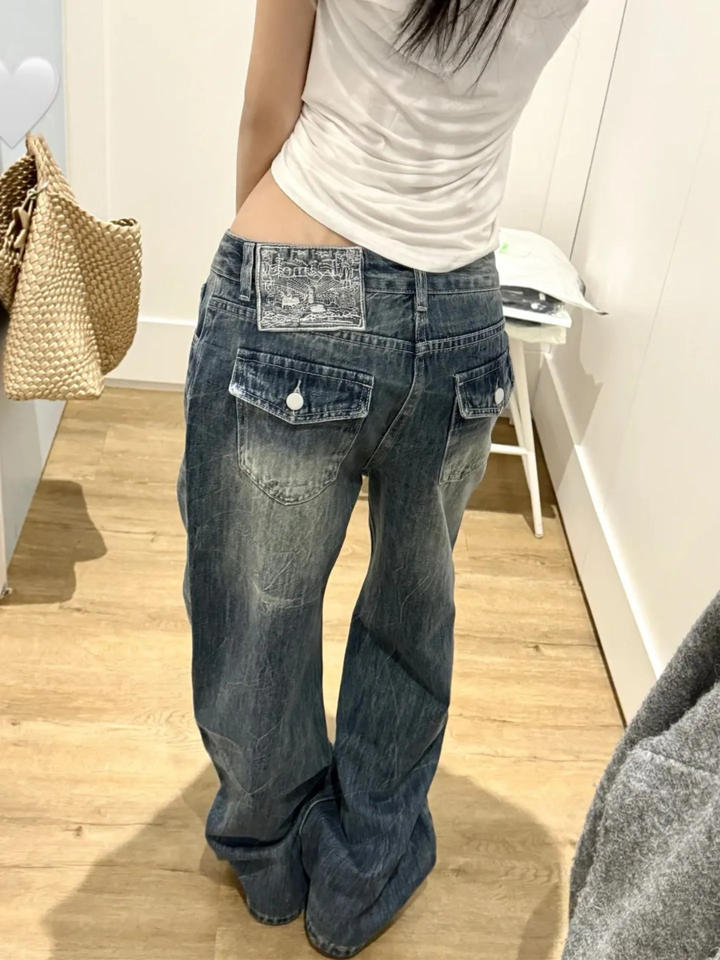 Calça Jeans Unissex de Cintura Baixa, Perna Larga, Azul Lavado Vintage, Corte Solto Casual, Perna Reta, Estilo High Street co...