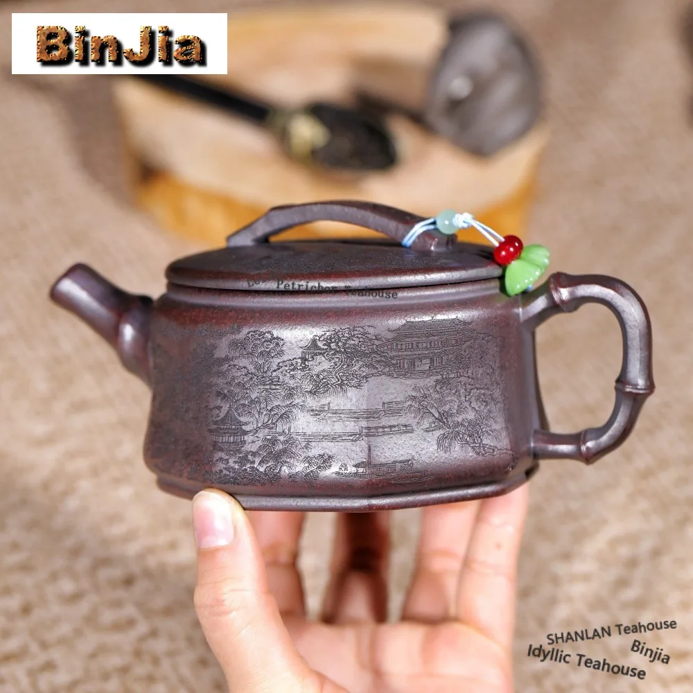 270ml Ancient Yixing Purple Clay Teapots Handmade Mountains Rivers Pot Raw Ore Bronze Mud Kettle Zisha Tea Set Supplies Gifts