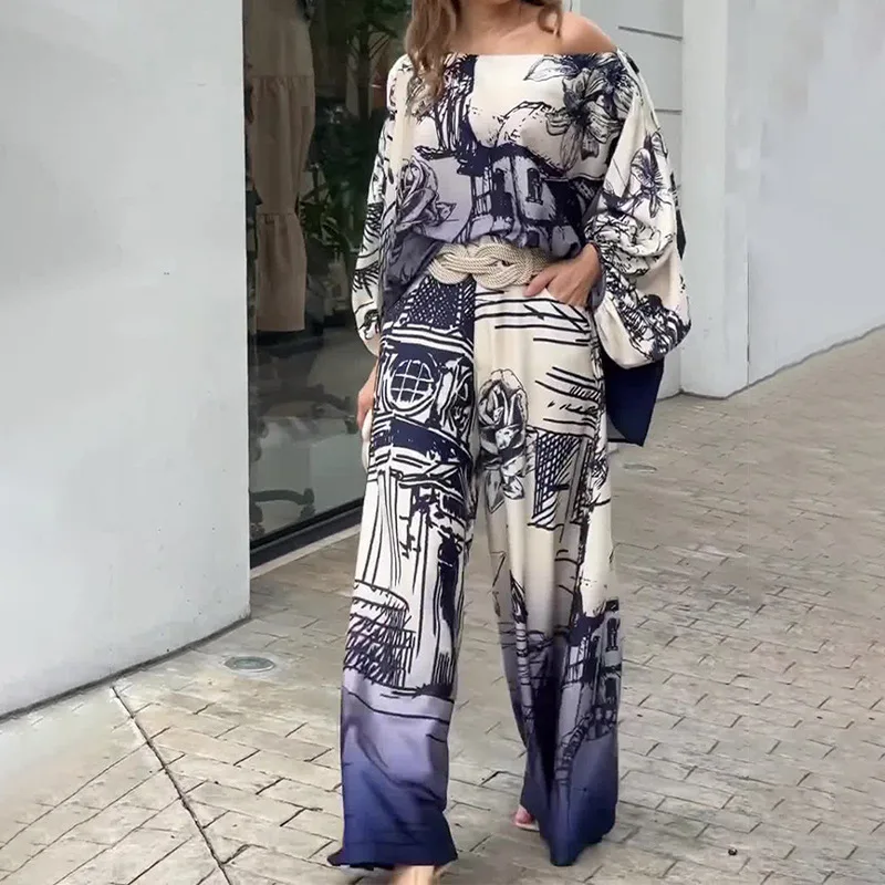 

2024 new print fashion women's long sleeve shirt wide leg trouser suit