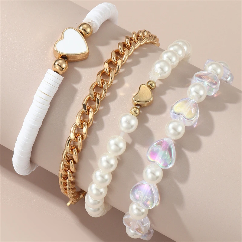 4/5/6pcs/set Minimalist Handmade Love Beaded Bracelet – Faux Pearl & Polymer Clay Heart Charm, Perfect Gift for Her.