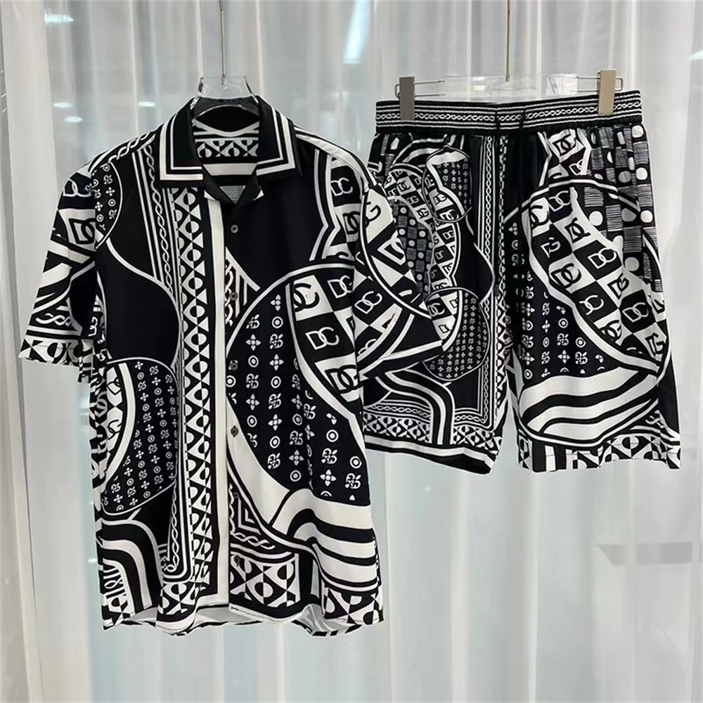 2024 summer new European and American fashion casual young men\'s short-sleeved shirt shirt beach pants