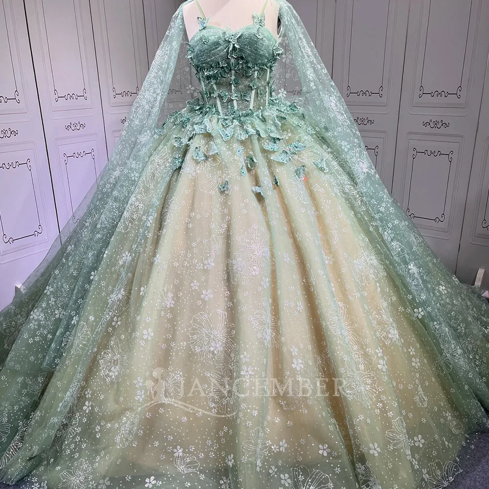 Glittering Green 3D Flower Butterfly Beaded Quinceanera Dresses for Sweet 15 Year Corset Puffy Ball Gown Princess Customized