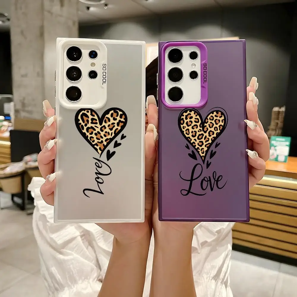 Luxury Love Heart Leopard Phone Case For Samsung Galaxy S25 S24 S23 S22 S21 Ultra Plus Laser Hard Colorful Matte Shockproof