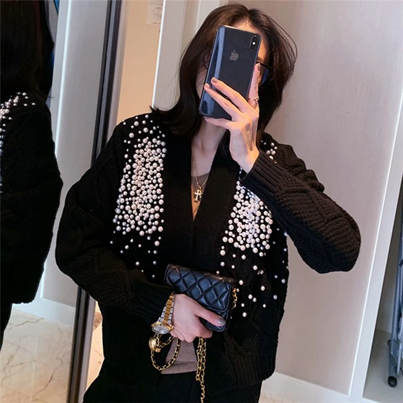 New 2023 Pearls Beading Twist Open Stitch France Vintage Retro V-neck Apricot Cardigans Korea Elegant Sweater For Women Black