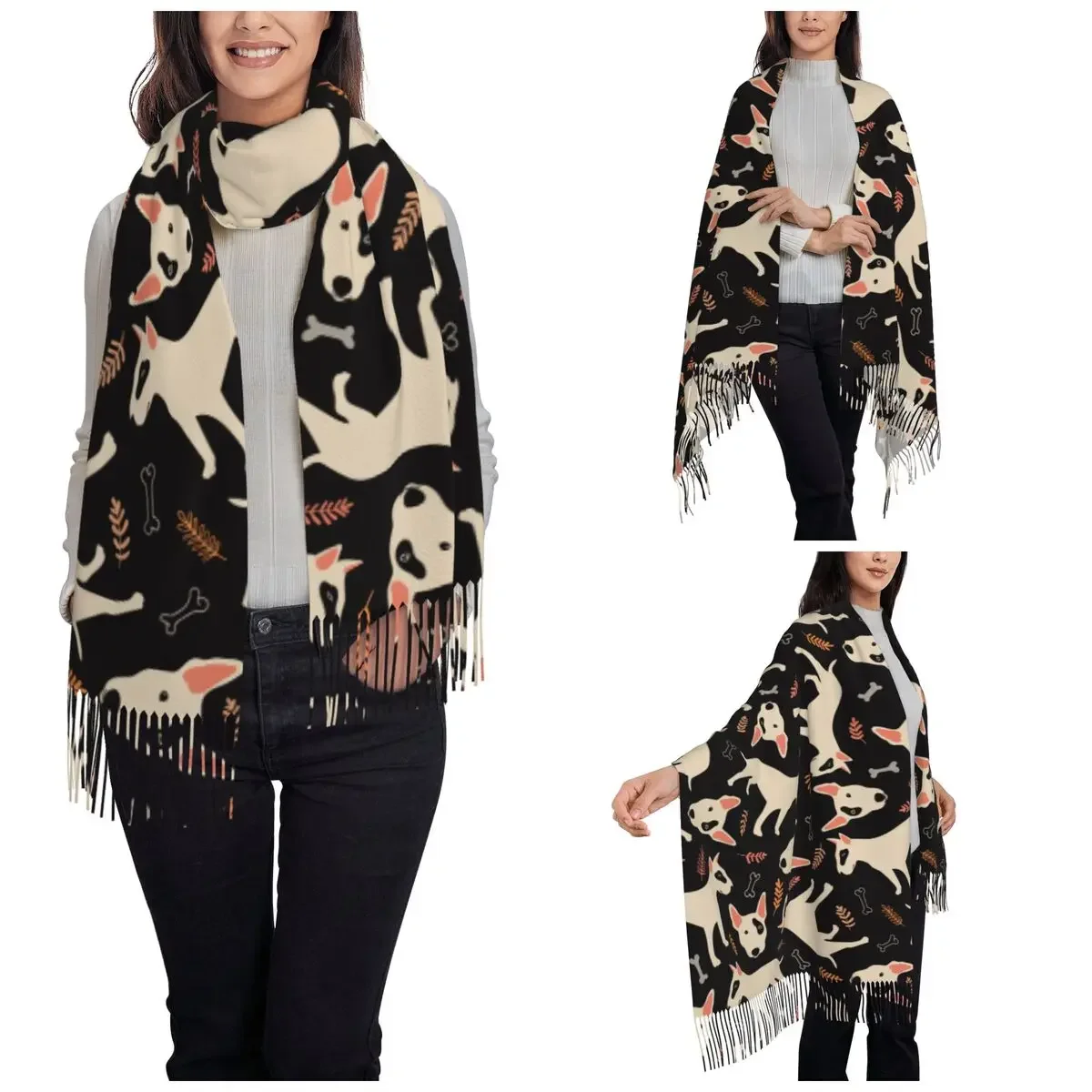 Womens Tassel Scarf Bull Terrier Long Super Soft Shawl Wrap Animal Dog Daily Wear Pashmina Scarves