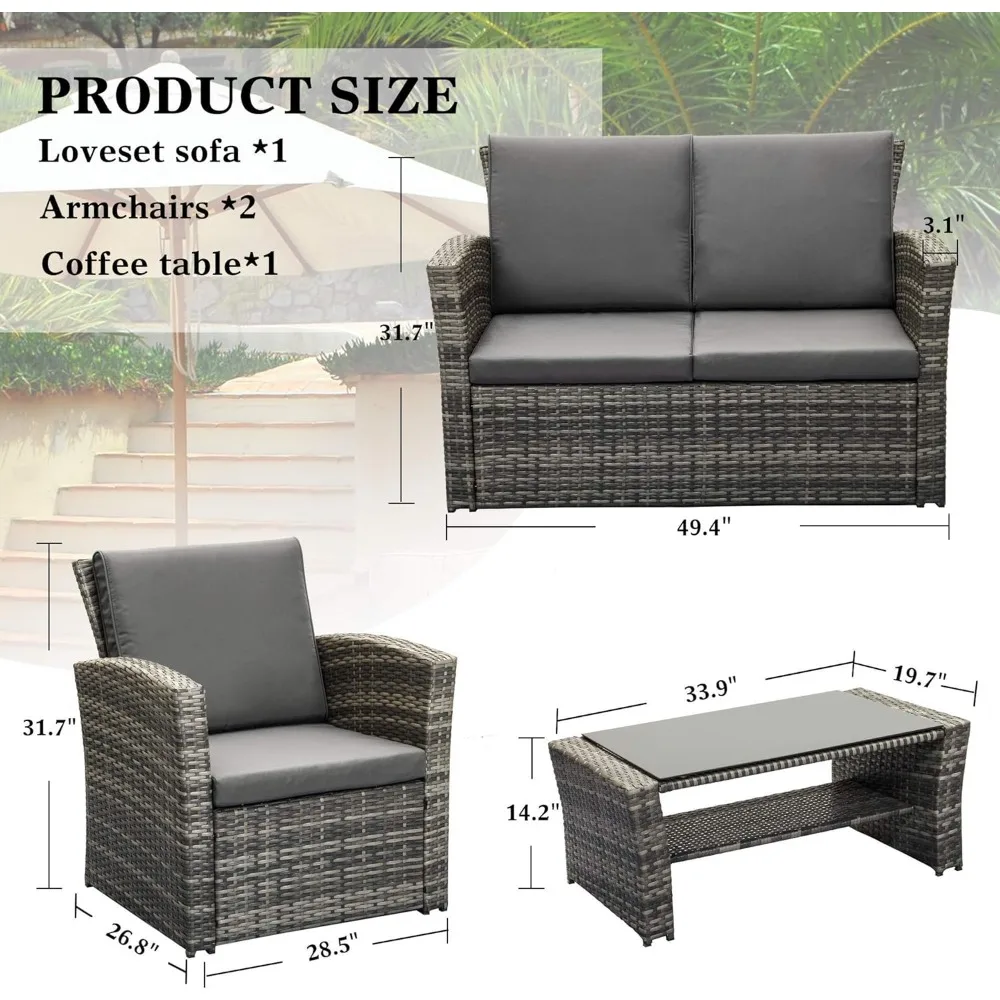 야외 파티오 가구 세트, 고리 버들 대화 세트, 뒷마당 잔디 정원용 쿠션 포함 등나무 소파 의자, 회색, 4 개