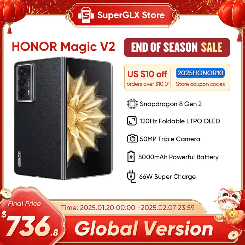 

Global Version Honor Magic V2 5G Foldable LTPO OLED 120Hz Display 7.92" 50MP Rear Cameras Snapdragon 8+ Gen 2 5000mAh 66W NFC