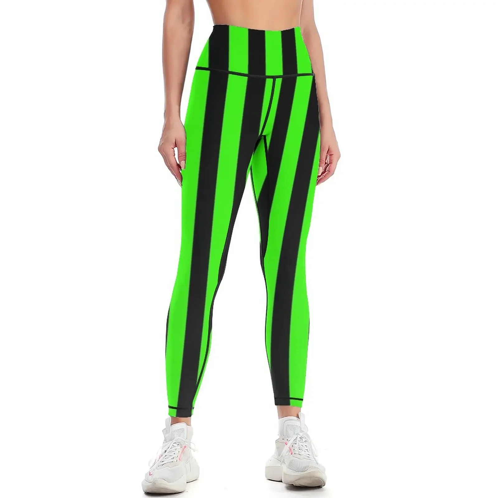 

Neon Green and Black Vertical Stripes Leggings Sports pants woman Female legging pants high waist jogging pants Womens Leggings