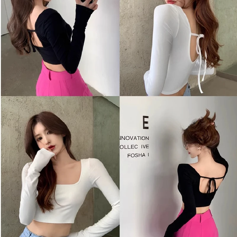 Sexy Hollow out Back Short Sleeve Square Collar T Shirt for Women in Guangzhou Thirteen Rows High End European Style Summer Top