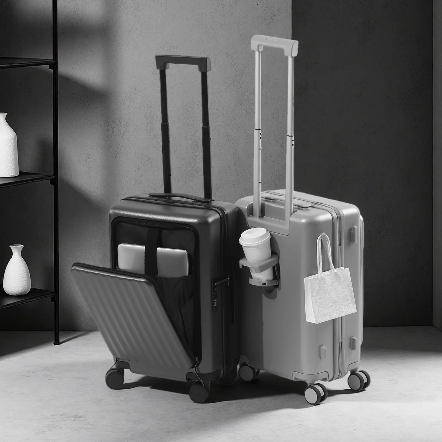 

20"Front-Opening Suitcase Lightweight Luggage Independent Computer Compartment Foldable Cup Holder Silent Universal Wheels ABS