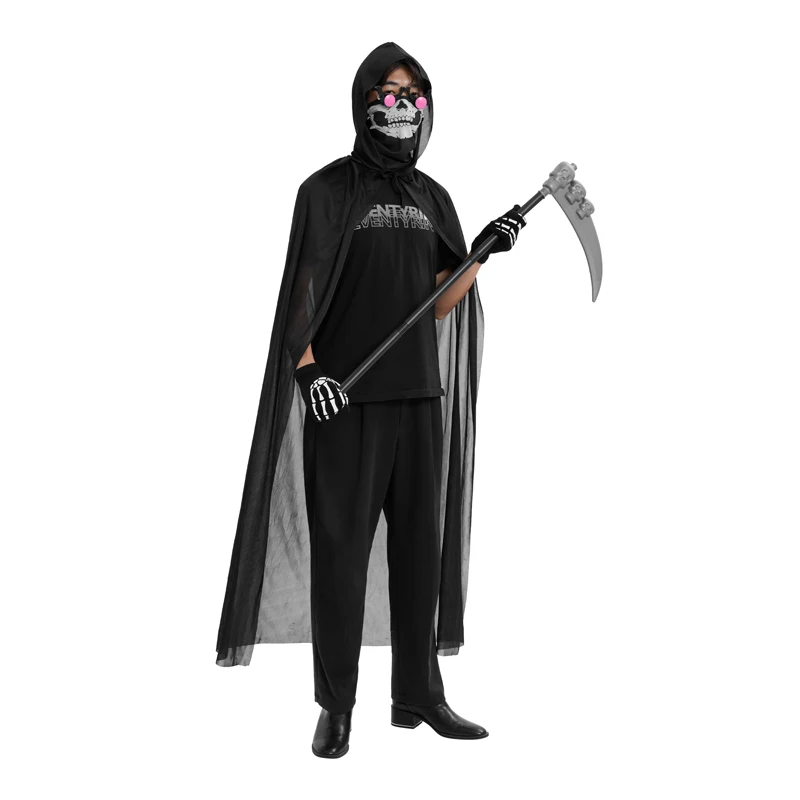 Halloween Cloak Costume for Kids & Adults Death Grim Reaper Horror Robe with Glowing Red Eyes Glasses, Scythe, Facewear, Gloves