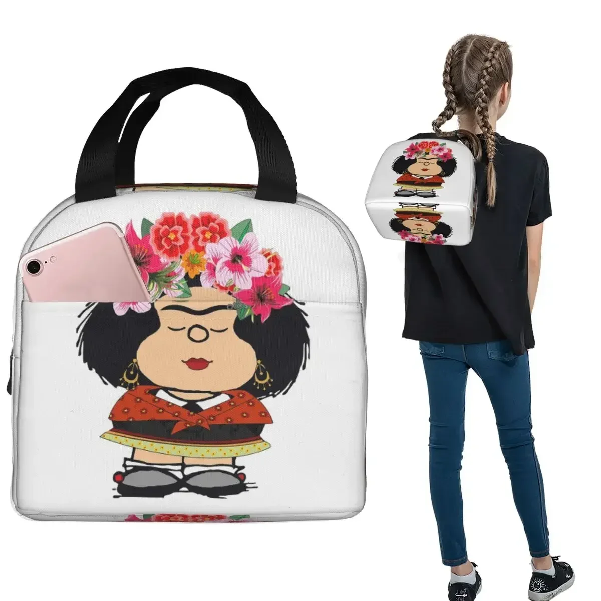 M-Mafalda-S Kahlo Fanart Funny Cartoon Insulated Lunch Bag for Women Kids Leakproof Food Boxes Thermal Lunch Box Tote