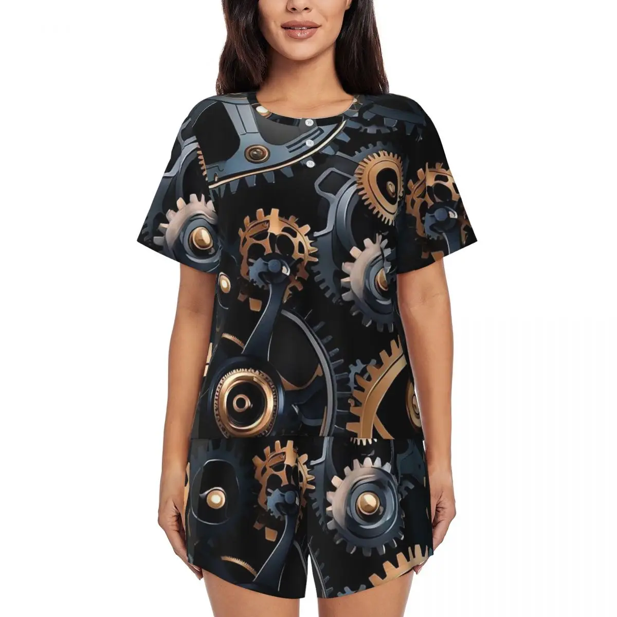 

Mechanical Machine Gears Steampunk Style Round Neck Short Sleeve Nightgowns for Sleepshirts Women Soft Pajama Set Short Pants