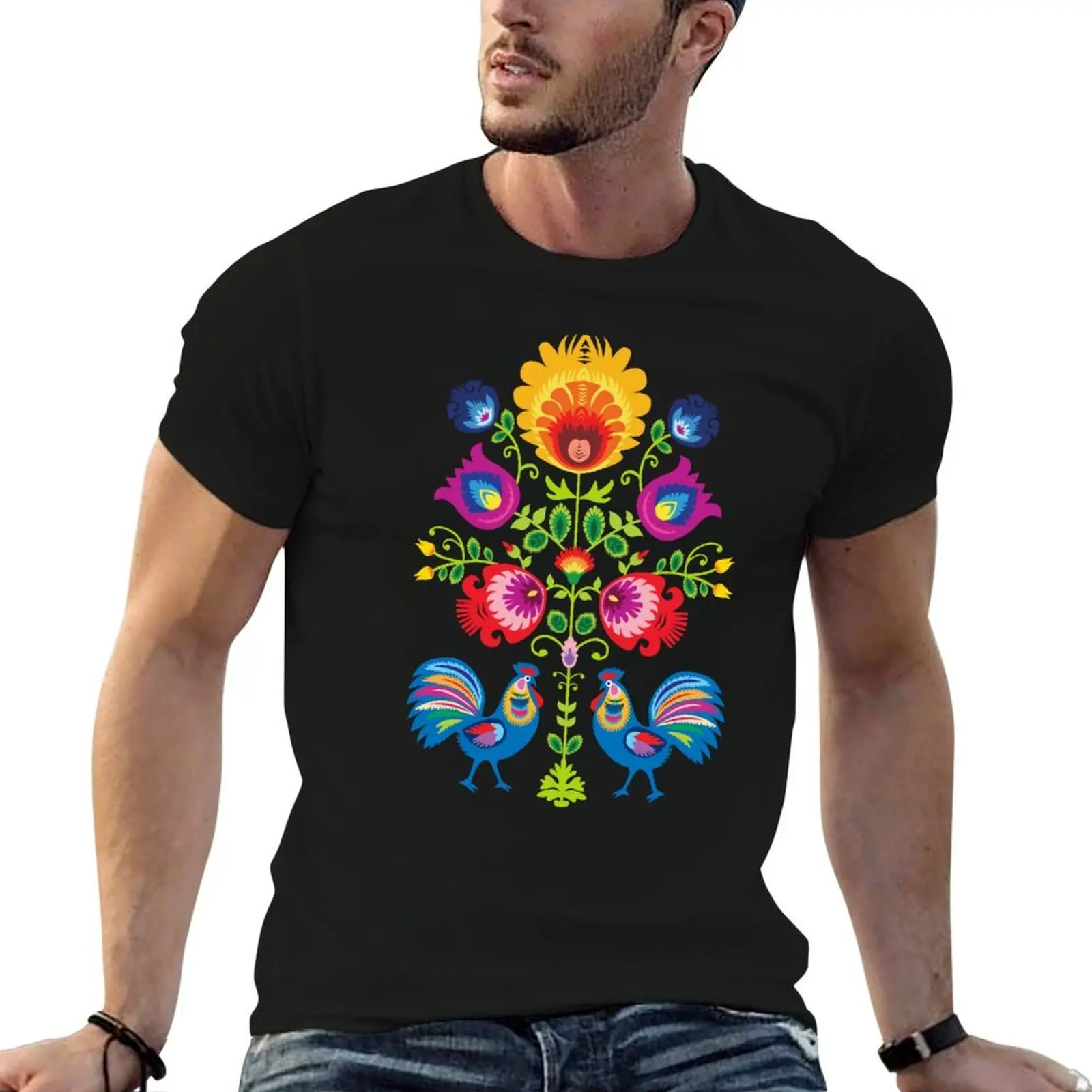 Folk composition with flowers and roosters - wycinanki on black T-Shirt man t shirt luxury funny t shirts dark humor T-Shirt