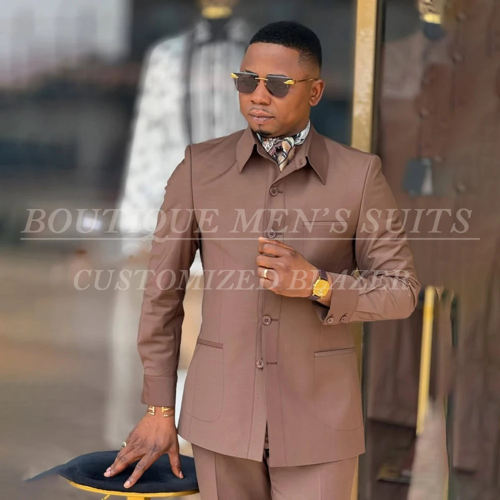 

High Quality Men's Suits 2 Piece Jacket Pants Sets Elegant Safari Single Breasted Stand Lapel Blazer Business Customzied Sets