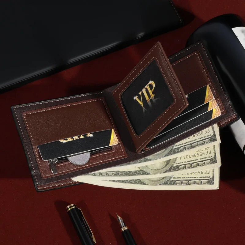 Men's Fashion Business Short Wallet with Zipper Coin Pocket  Luxury Brand Card Slots Horizontal Soft Synthetic Leather Wallet image 2