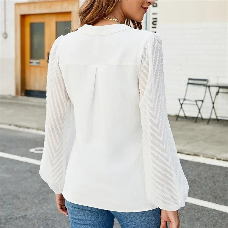 Elegant Lace Bubble Long Sleeve Chiffon Shirt Women Autumn Solid Color V Neck Pullover Blouse Female Commuter Casual Korean Tops