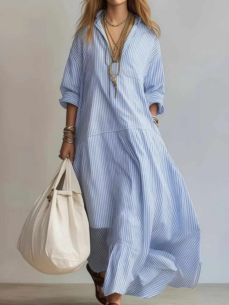 Damen Gestreiftes Bedrucktes Loses Patchwork Maxikleid V-Ausschnitt Elegantes Partykleid Lässiges Urlaubskleid Schickes Frühling-Sommer Damenkleid 2026